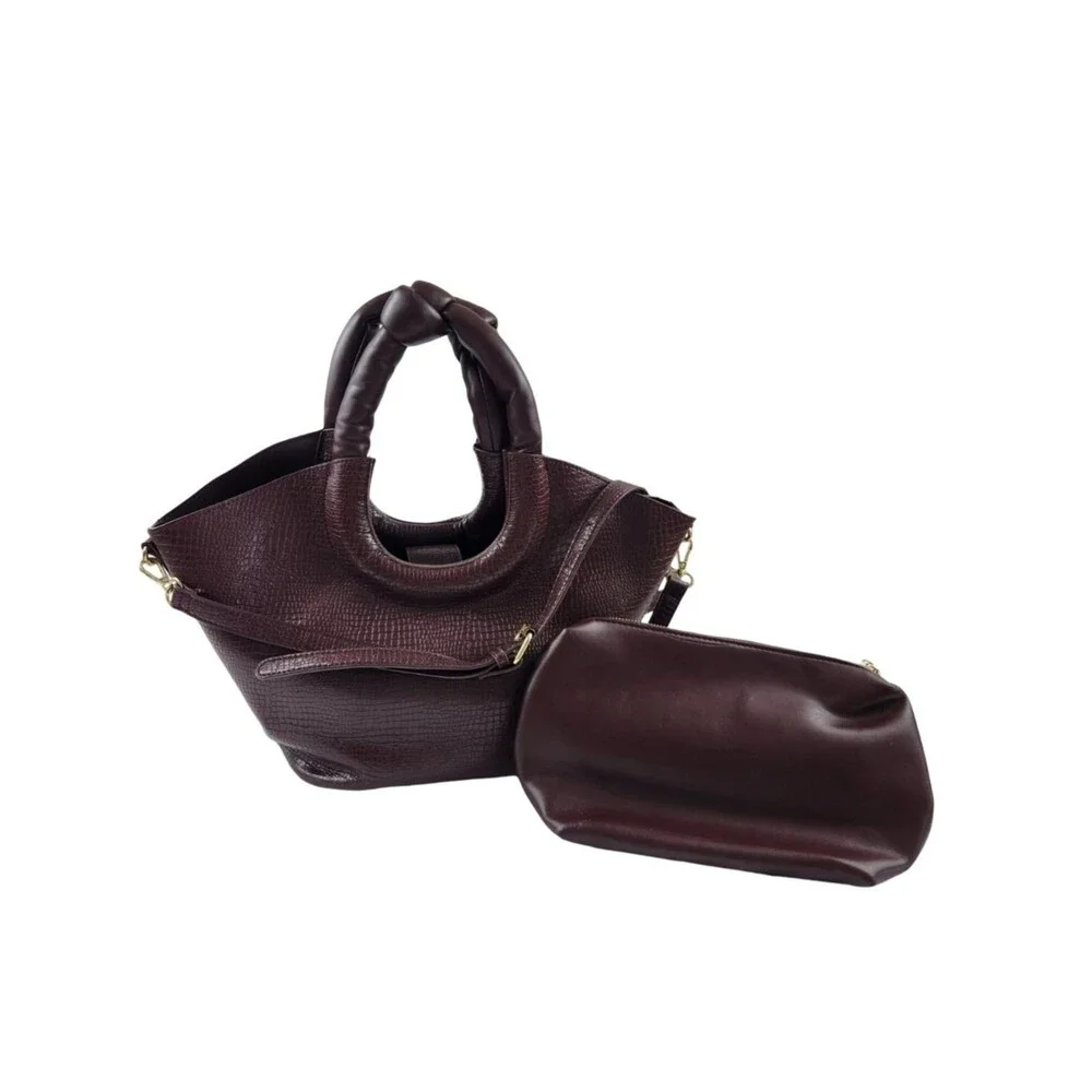 Anthropologie Ring Handle Crossbody Bag Burgundy Croc Embossed EUC